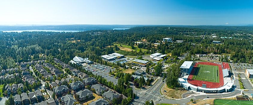Sammamish, Washington/USA - Summer 2018: Sammamish, WA Aerial View of Skyline High School and Lake.