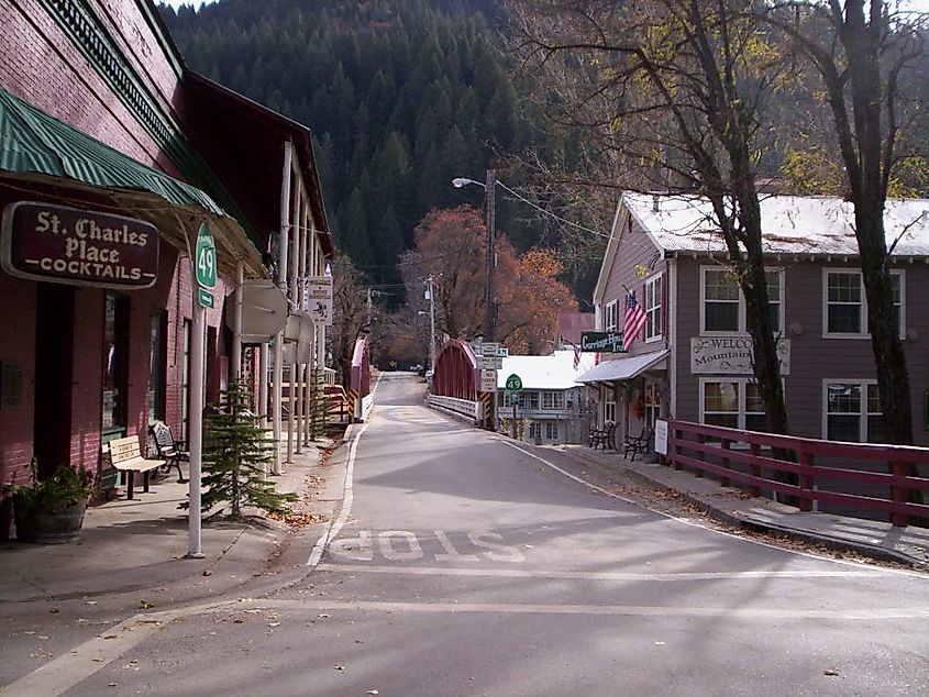 View of Jersey Bridge, Highway 49, and the town of Downieville, California.