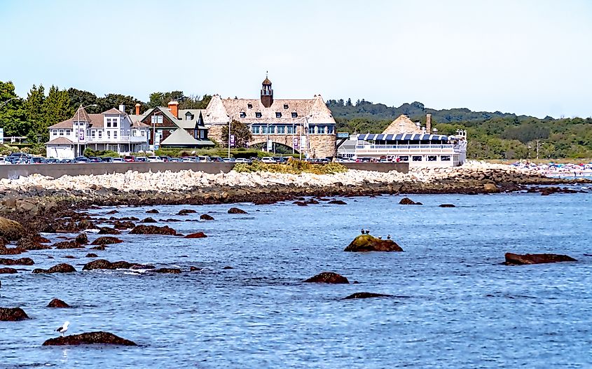 The rocky coastline of Narragansett, Rhode Island.