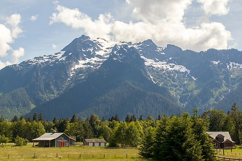 The Cascade Loop Highway in Washington State winds through the Cascade Mountains.