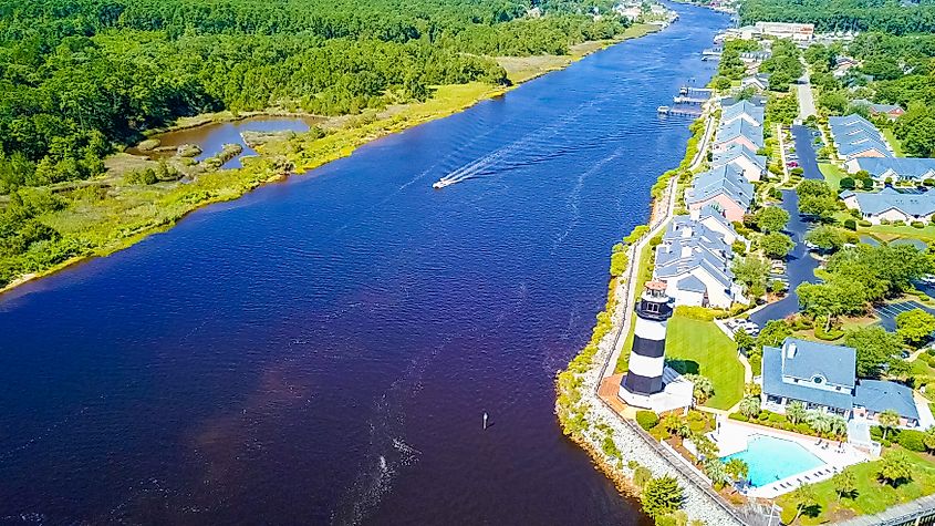 Aerial view of the Intracoastal Waterway in Little River, South Carolina