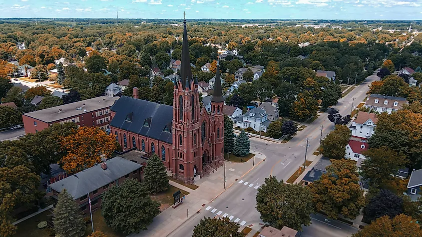 Aerial view of a church in Austin, Minnesota, during autumn.