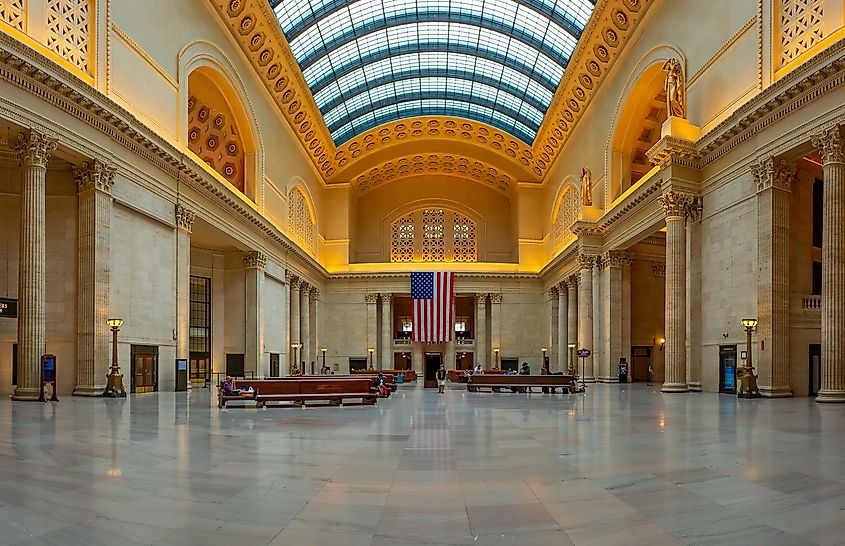 Interior view of Chicago's Union Station, showcasing its massive, iconic Beaux-Arts architecture