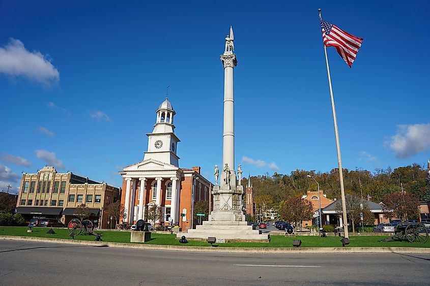 Monument Square in Lewistown, Pennsylvania, USA - A memorial honoring the Logan Guards, a militia group from the US Civil War era, located at Main and Market Streets.