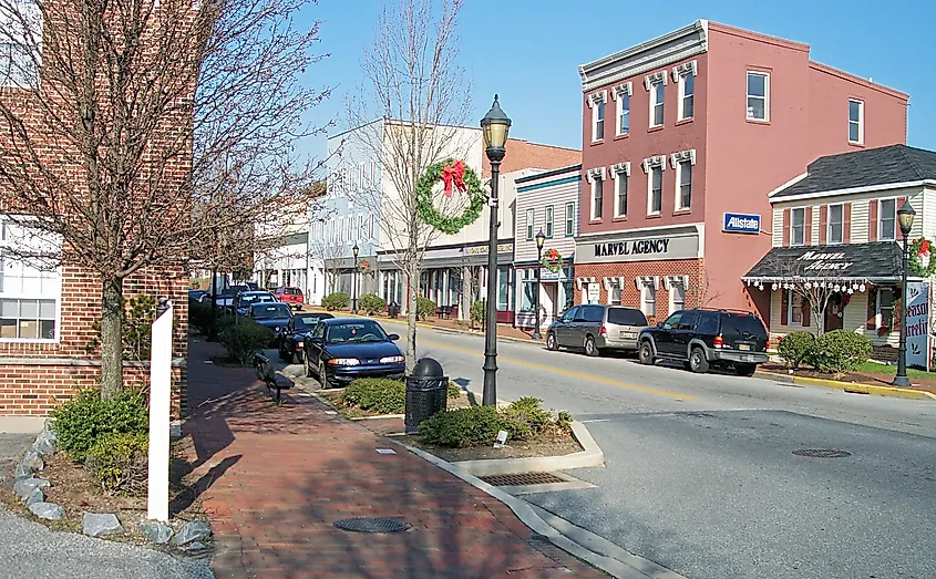 View of downtown buildings in the town of Milford, Delaware.