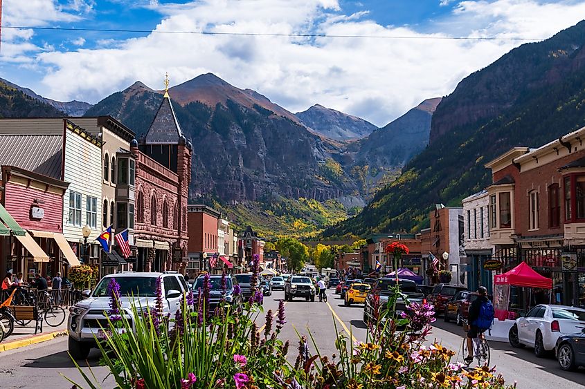 Busy day on Main Street in downtown Telluride, Colorado.
