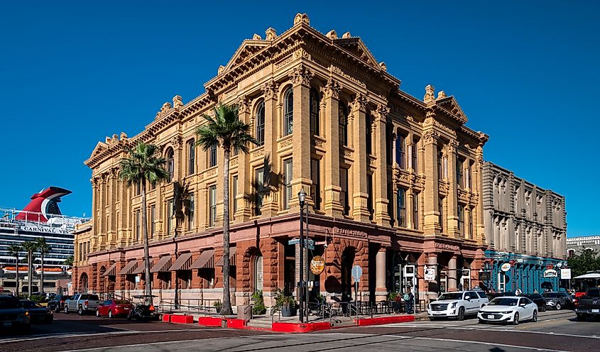The Hutchings, Sealy and Co. Buildings on Strand Street in Galveston, Texas, featuring ornate 19th-century architecture designed by Nicholas J. Clayton