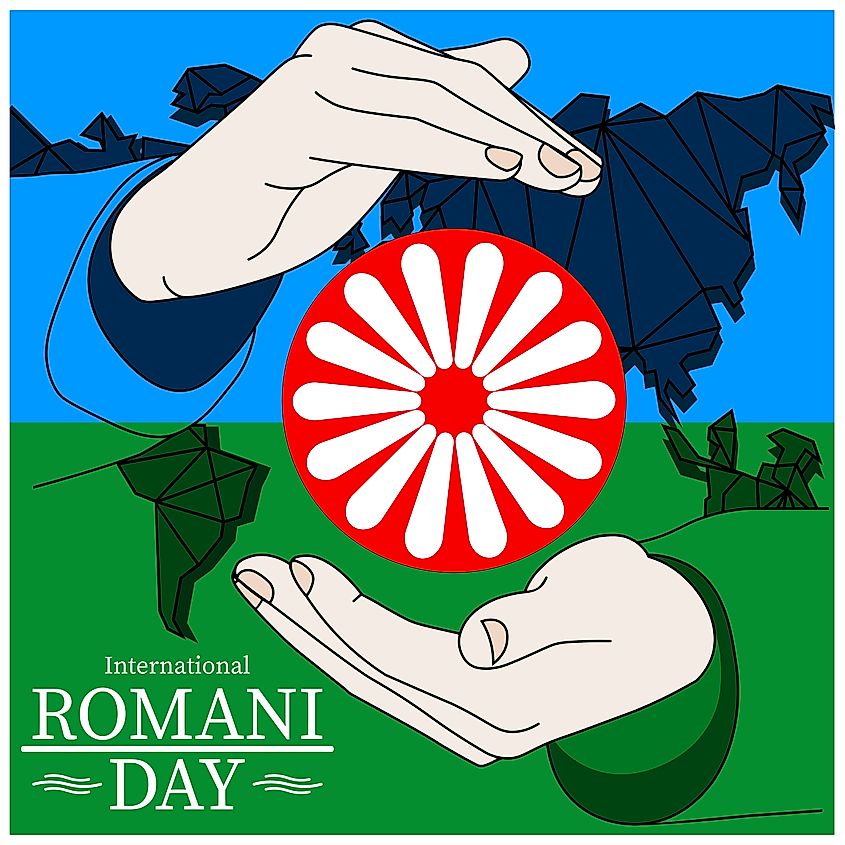 Banner commemorating International Romani Day with the colors of the flag of the Romani People