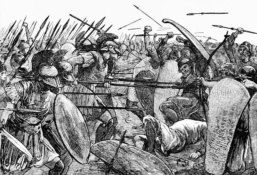 Spartans fighting against Persian forces at the Battle of Plataea. 19th century illustration.