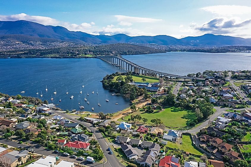 Aerial view of the Derwent River, Mt Wellington and the city of Hobart, Tasmania, Australia.