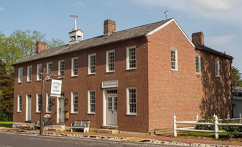 Northwest aspect of the J. Huston Tavern in Arrow Rock, Missouri. Built in 1834, continuously operated since that time, now operated by Missouri State Parks.