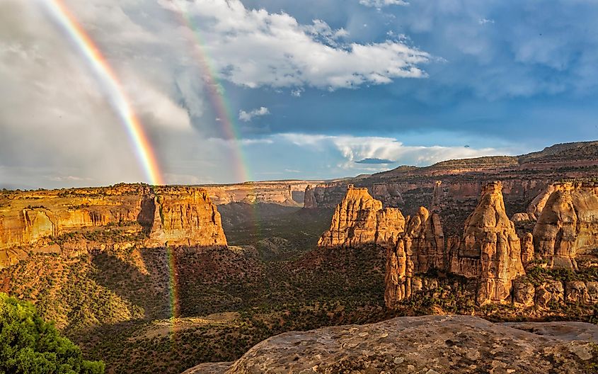 A double rainbow after a storm in Monument Canyon in Colorado National Monument in Fruita, Colorado.