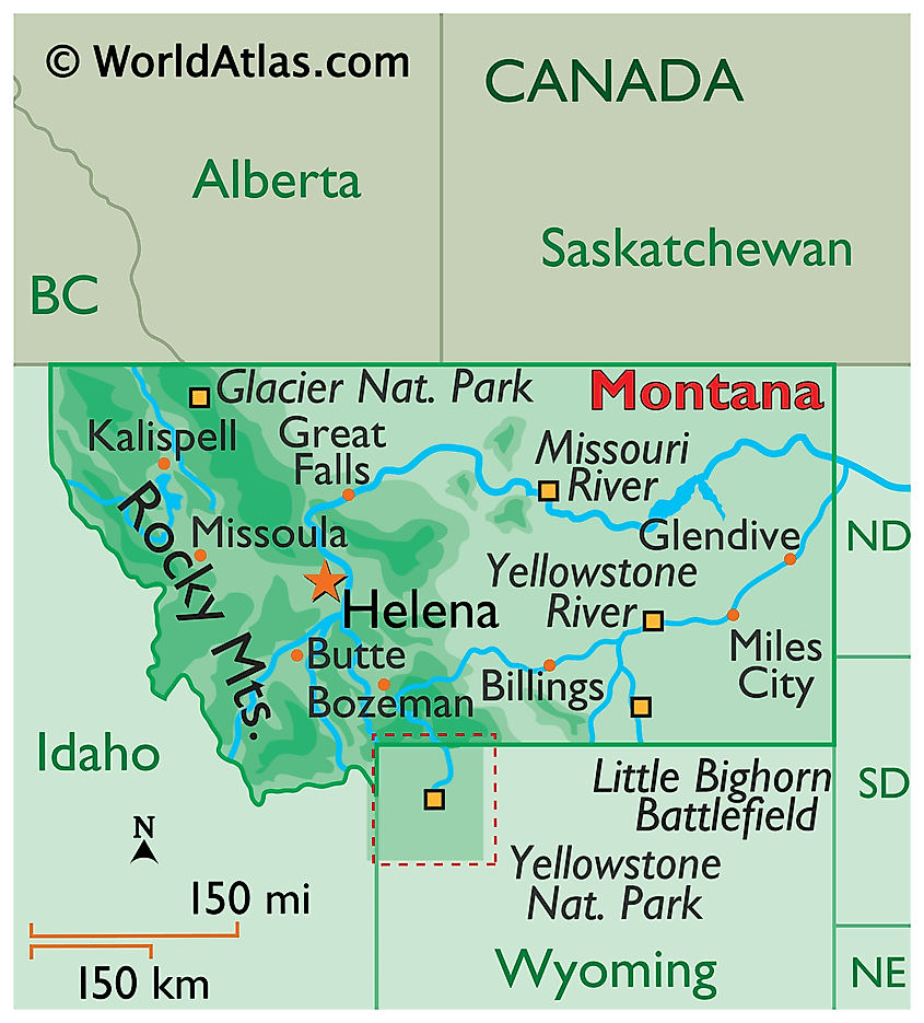 Physical map of Montana showing the Rocky Mountains, Great Plains, and major rivers.