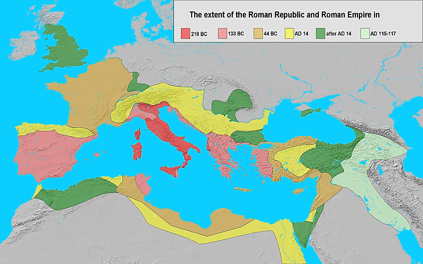 Extent of the Roman Republic and the Roman Empire between 218 BC and 117 AD