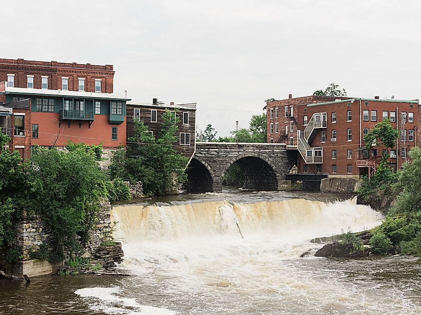 View of Middlebury Falls in the town of Middlebury, Vermont.