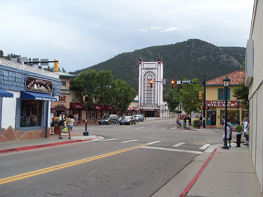 City center of Estes Park with the Park Theatre along US-36 and C-66.