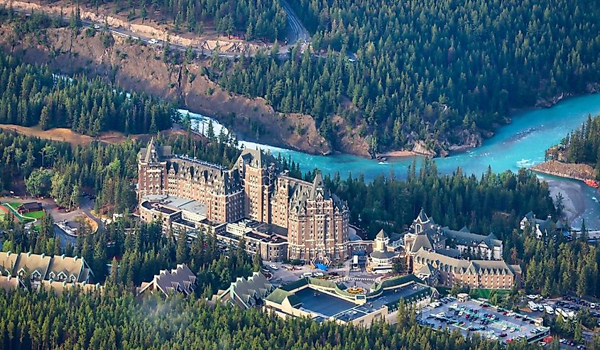 Iconic and Historic Fairmont Banff Springs in the town of Banff in the Canada Rockies seen from the top of Sulphur Mountain.