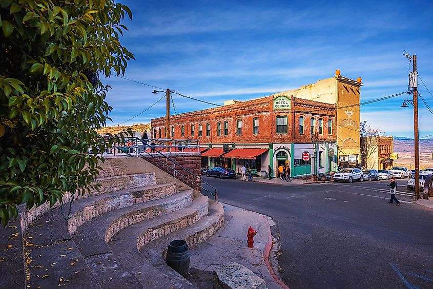 Historic Connor Hotel on Main Street, Jerome, Arizona: Located in the Black Hills of Yavapai County, Jerome was a mining town and is now a National Historic Landmark.