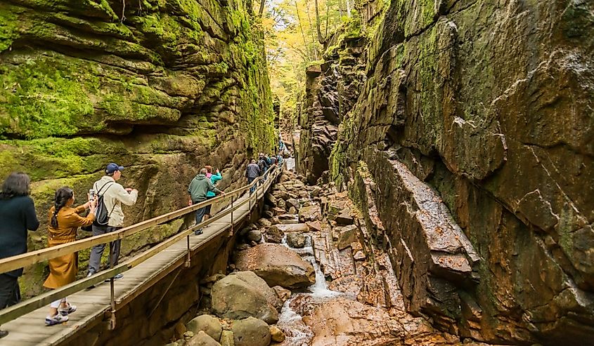 Flume gorge in the fall time in Franconia Notch State Park, New Hampshire