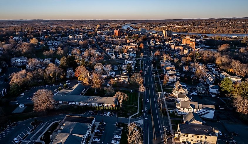 Aerial view of Middletown, Connecticut at sunset in November