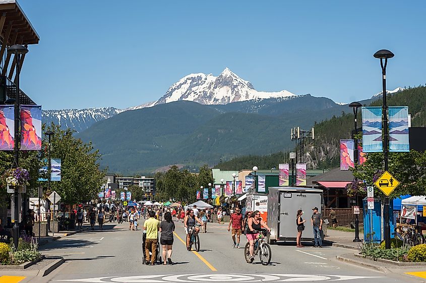 Downtown Squamish BC with Cleveland Avenue closed off for a street market. Editorial credit: David Buzzard / Shutterstock.com