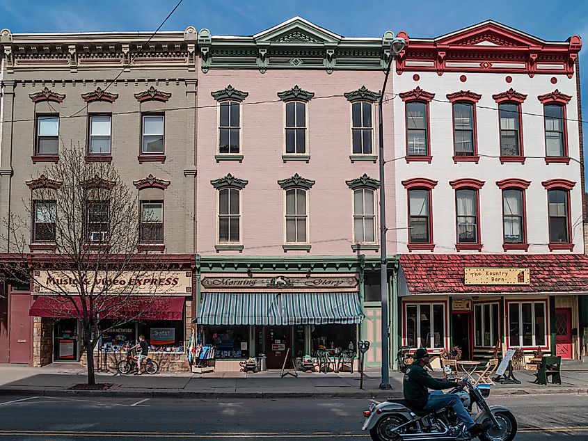 A look at Main St with classic storefronts in Honesdale, Pennsylvania.