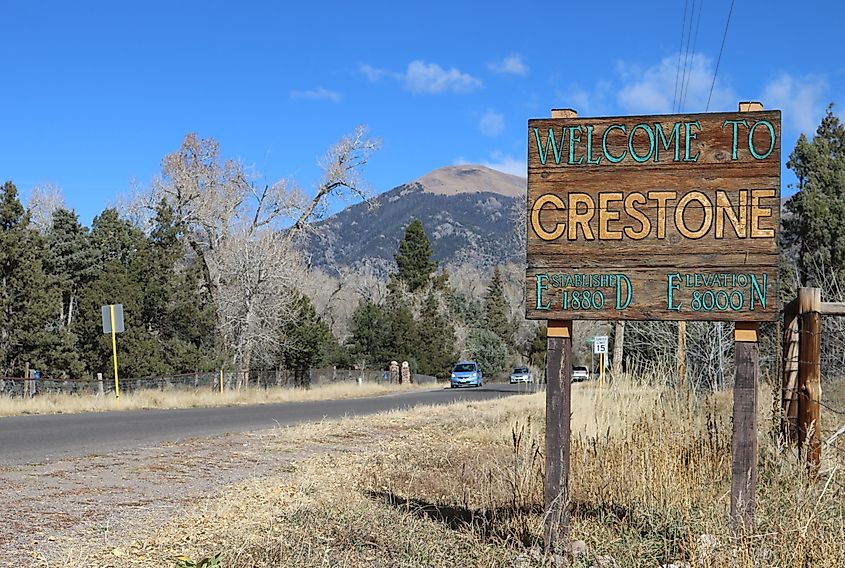 Sign welcoming visitors to Crestone, Colorado.