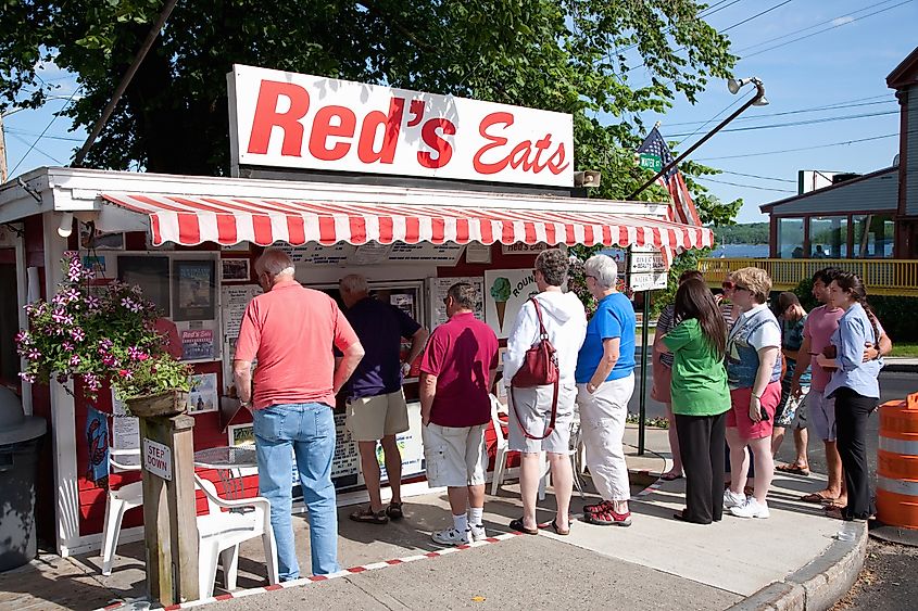 People lineup for lunch at World famous "Reds Eats"" on Wiscasset, Maine. Editorial credit: Joseph Sohm / Shutterstock.com