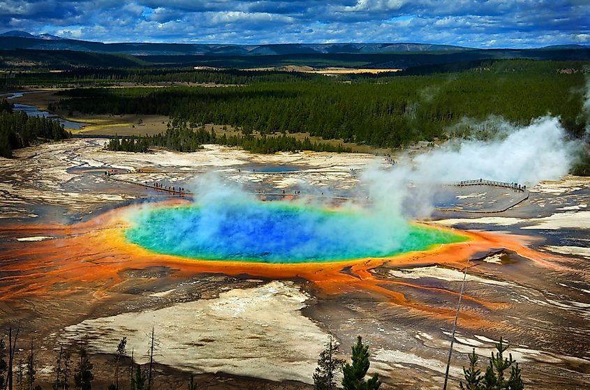 The vibrant colors of the Grand Prismatic Pool, a natural wonder in Yellowstone National Park.