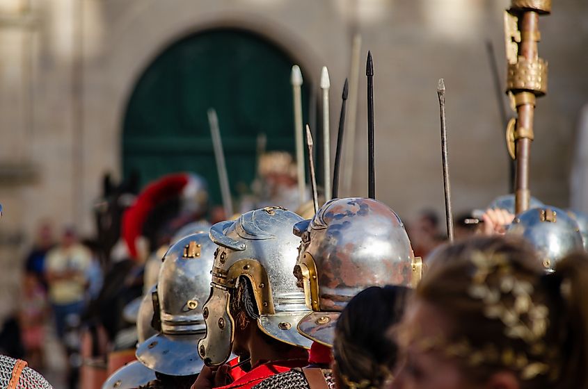 Roman soldiers in a historical reenactment.