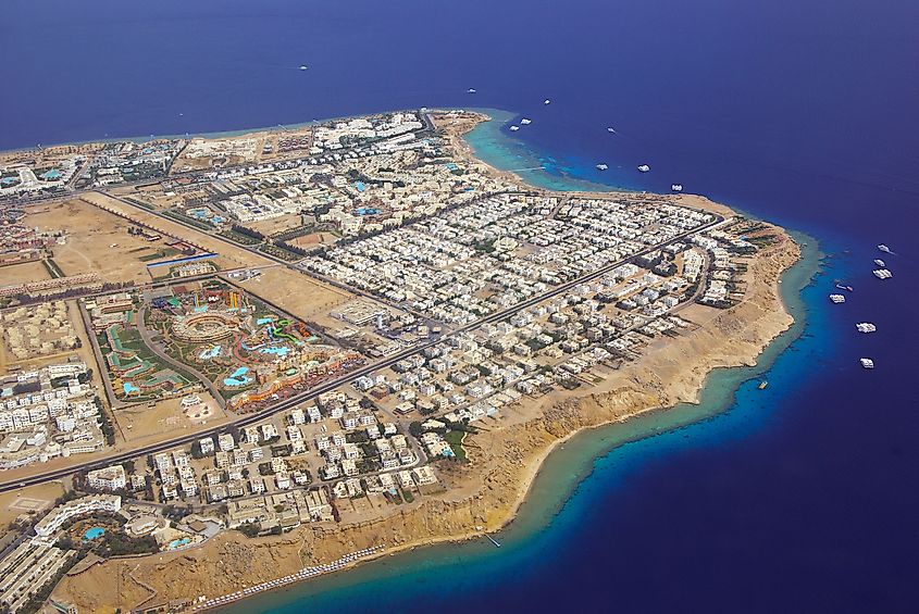 The city of Sharm El Sheikh on the Red Sea coastline.