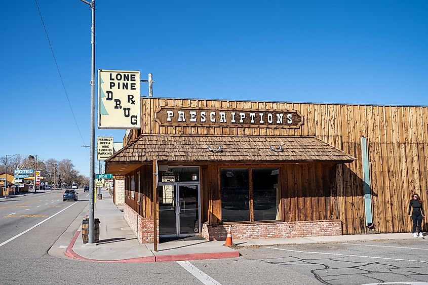 Lone Pine Pharmacy in a small Mountain Town in California on a bright winter day. Editorial credit: Kyle Lee / Shutterstock.com