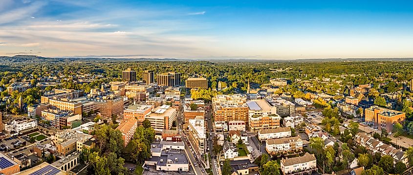 Aerial cityscape of Morristown, New Jersey. Morristown has been called the military capital of the American Revolution.