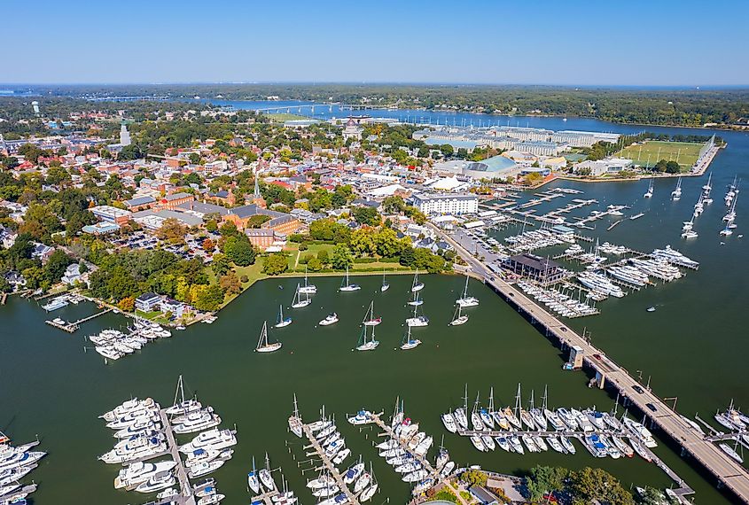 An aerial view of the Maryland harbor with ships and boats in Annapolis, Maryland, United States.