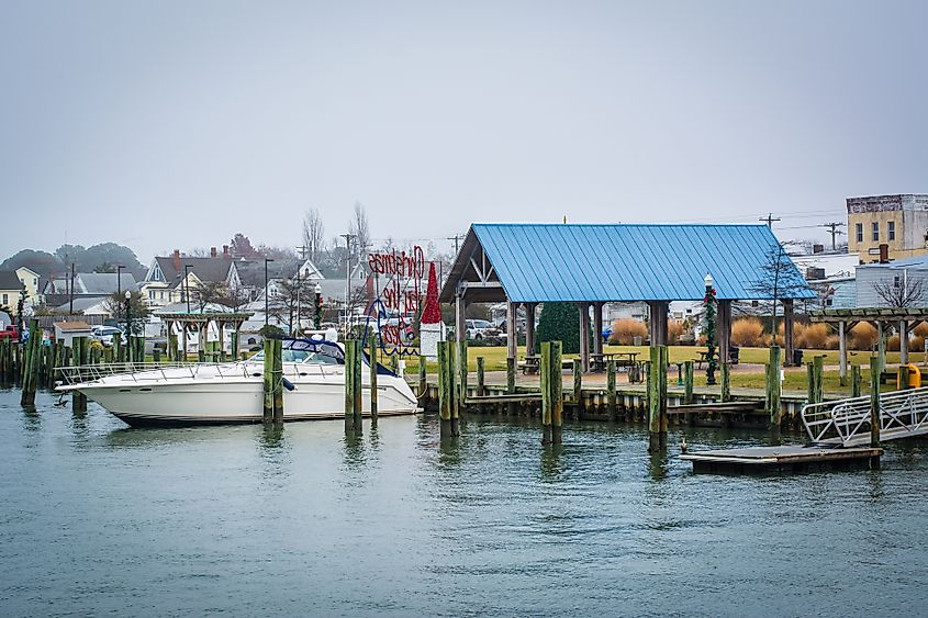 View of the Chincoteague Bay Waterfront, in Chincoteague Island, Virginia.