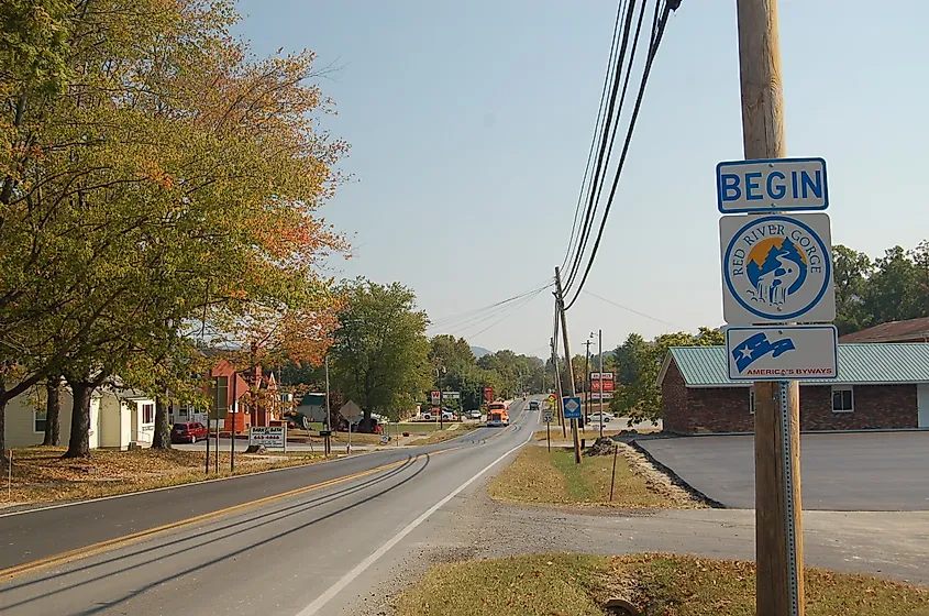 America's Byways sign and Kentucky state byway sign marking the start of the Red River Gorge Scenic Byway in Stanton, Kentucky.