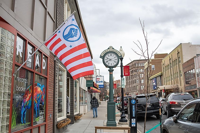 Traffic and urban life in the downtown area of Helena, Montana.
