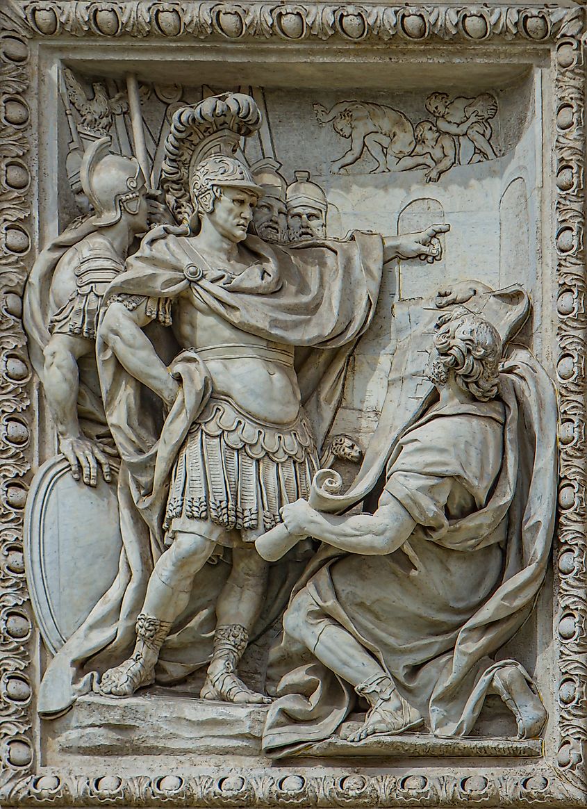Relief of Marcus Vipsanius Agrippa viewing plans for construction of Acqua Vergine aqueduct at Trevi fountain in Rome, Italy.