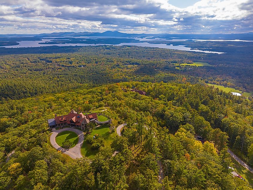 Aerial view of Castle in the Clouds, also known as Lucknow Mansion, perched atop Lee Mountain in Moultonborough, New Hampshire.