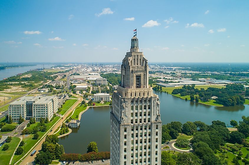 Aerial closeup of the Louisiana State Capitol Building and welcome center in Baton Rouge