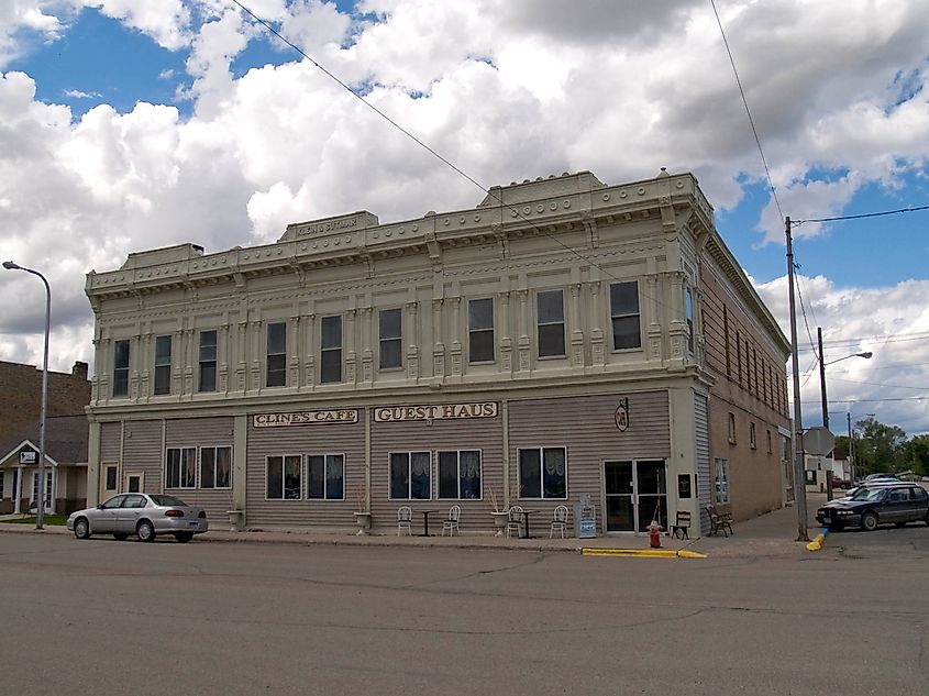 Klein and Sutmar Block in Oakes, North Dakota, a historic brick commercial building with decorative cornices and large storefront windows, listed on the National Register of Historic Places.