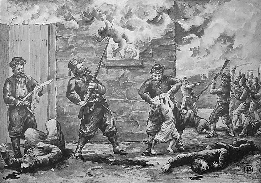 An 1896 depiction of fanatical "Softas" massacring Armenians.