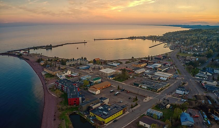 Aerial view of lovely Grand Marais, Minnesota