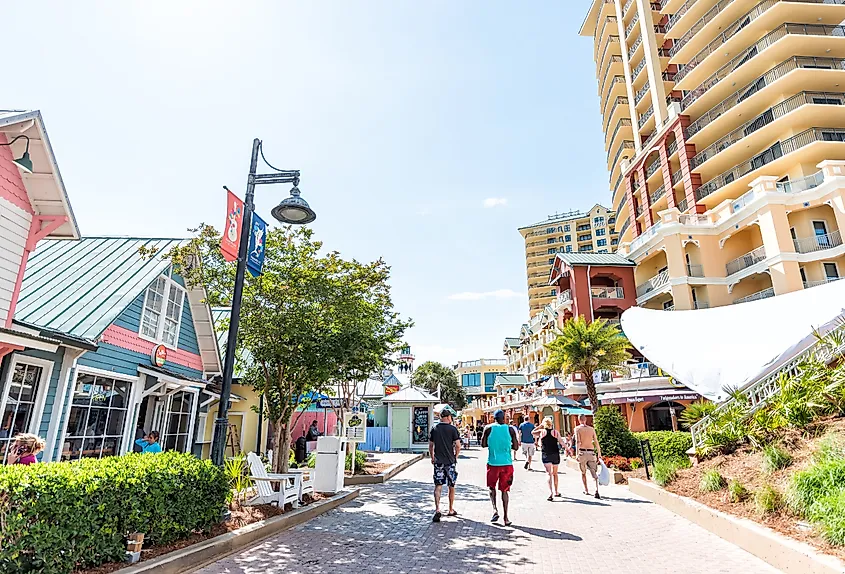 Pirate's Alley on Harbor Boardwalk during sunny day in Destin, Florida.