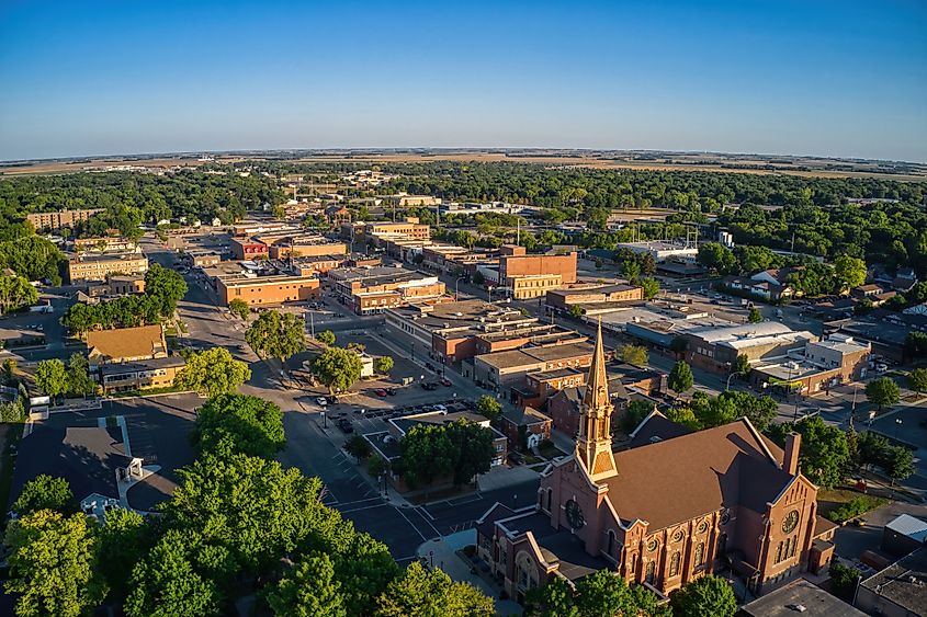 Aerial view of downtown Marshall, Minnesota at dusk