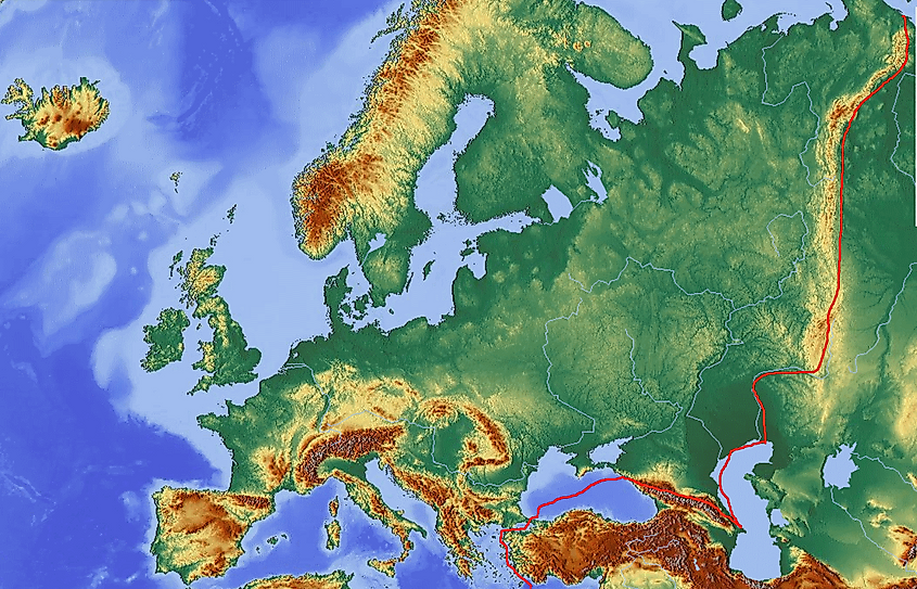 Europe Relief Maps with Europe-Asia Border. Source: Wikimedia/ !Manihiki