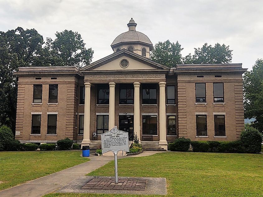 The north facade of Cleburne County Courthouse in Heber Springs, Arkansas.