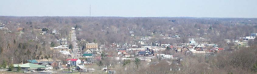 Aerial view of downtown Corydon, Indiana, from Pilot Knob in the Hayswood Nature Reserve on the west side of town.