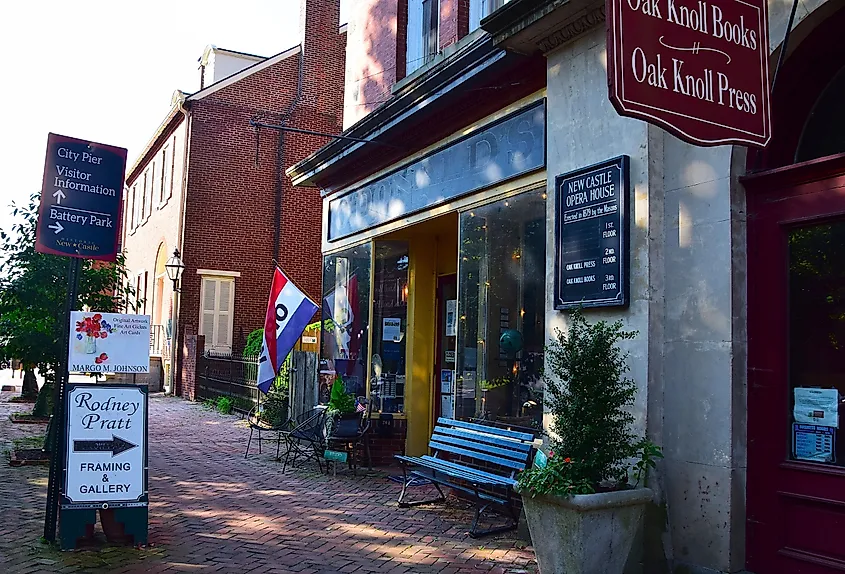 Storefronts in historic New Castle, Delaware.