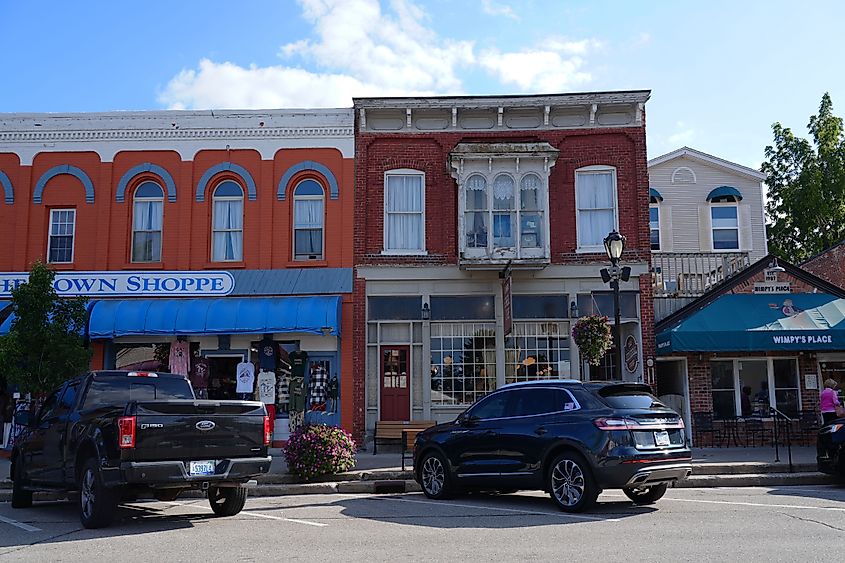 View of city businesses in Lexington, Michigan.